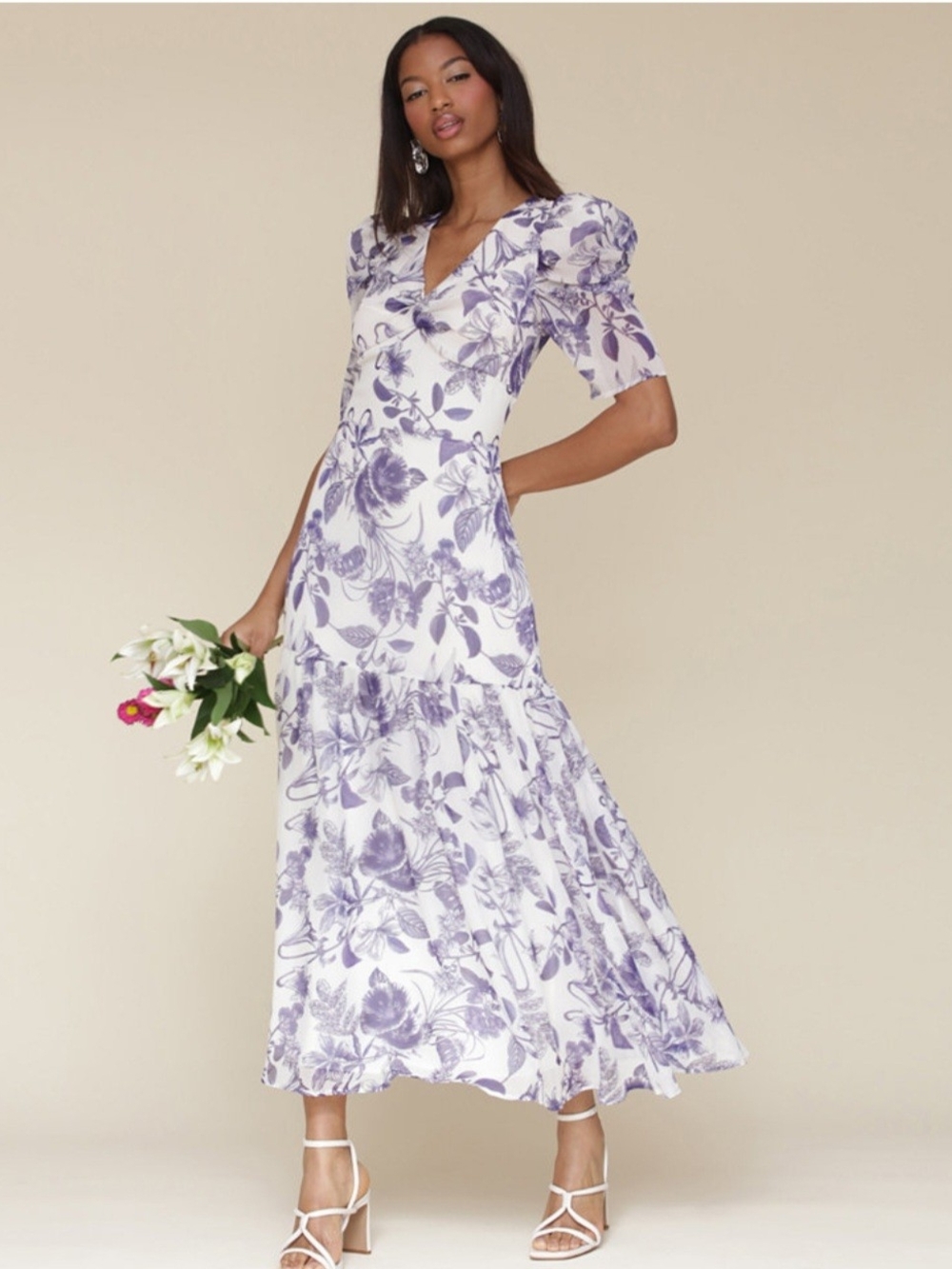 Avec Les Filles White and Lavender Floral Maxi Dress